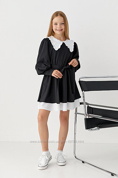 Стильна чорна сукня для дівчинки з білими акцентами, р.128-158 