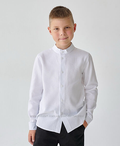 Класична біла льняна сорочка для хлопчика, комір стійка 