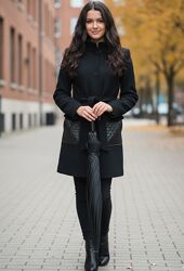 Пальто черное утепленное синтепоном с кожаными карманами и съемным мехом ms