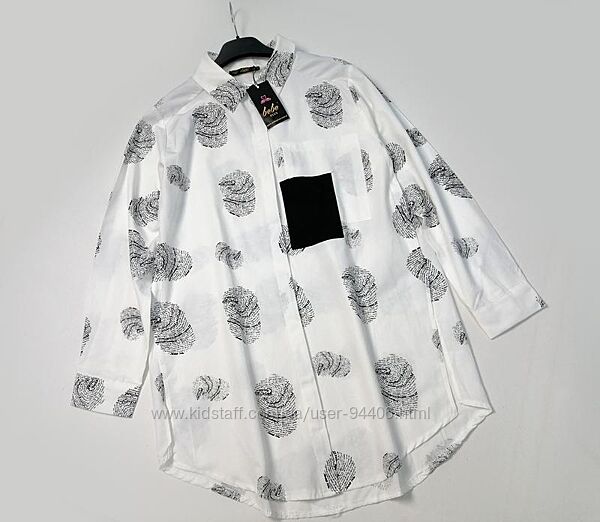 Рубашка женская белая удлиненная в принт с карманом