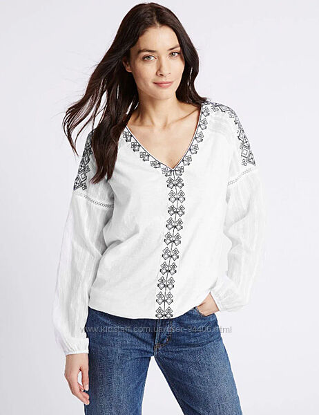 Новая натуральная блузка с длинными рукавами и вышивкой хлопок