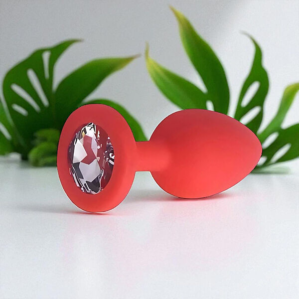 Анальна пробка із прозорим кристалом червона силіконова середня розмір M