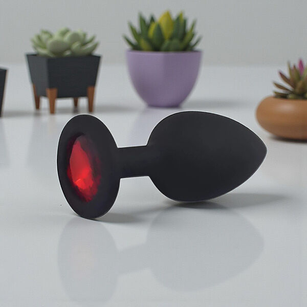 Силіконова анальна пробка чорна із червоним кристалом зручна стимуляція S