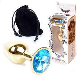 Золота анальна пробка з блакитним кристалом S Jewellery gold plug light blu