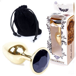 Золота анальна пробка з чорним кристалом S Jewellery gold plug black Boss 
