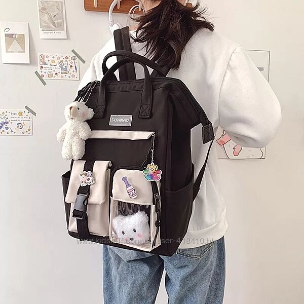 Стильний підлітковий рюкзак-сумка з брелоками Ведмедики в стилі Преппі