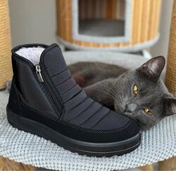 Дутіки короткі чорні жіночі зимові черевики на двох блискавках