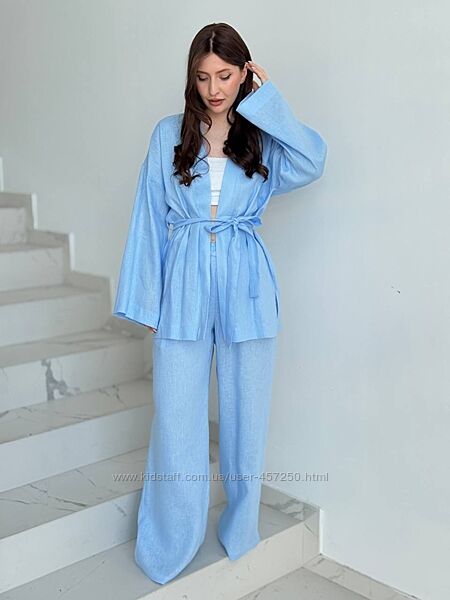 Костюм, комплект із льону у розмірі Л. Кімоно, брюки. Італія