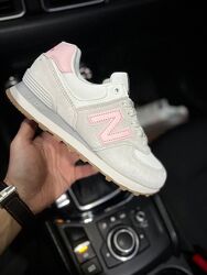 Кросівки жіночі New Balance 574 сіро бежеві з рожевим, замша/текстиль