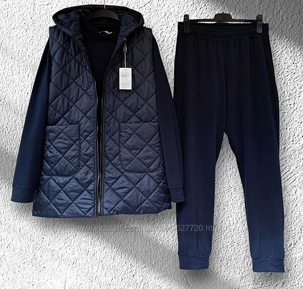 Жіночий прогулянковий костюм-трійка, жилет, худі, штани, не утеплений 52/62