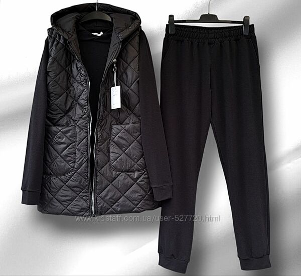 Жіночий прогулянковий костюм-трійка, жилет, худі, штани, не утеплений 52/62