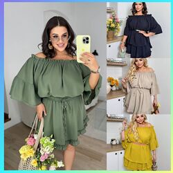 р.42 до 58р. Костюм спідниця-шорти з вільною блузою на плечах