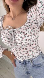 42-44, 46-48 Жіночий топ софт літній з довгим рукавом квітковий