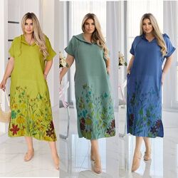 50-52, 54-56, 58-60 сукня принт квіти турецький льон меланж та накат