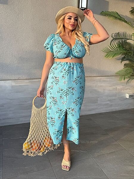 50-52, 54-56, 58-60 літній костюм кофта та спідниця софт принт