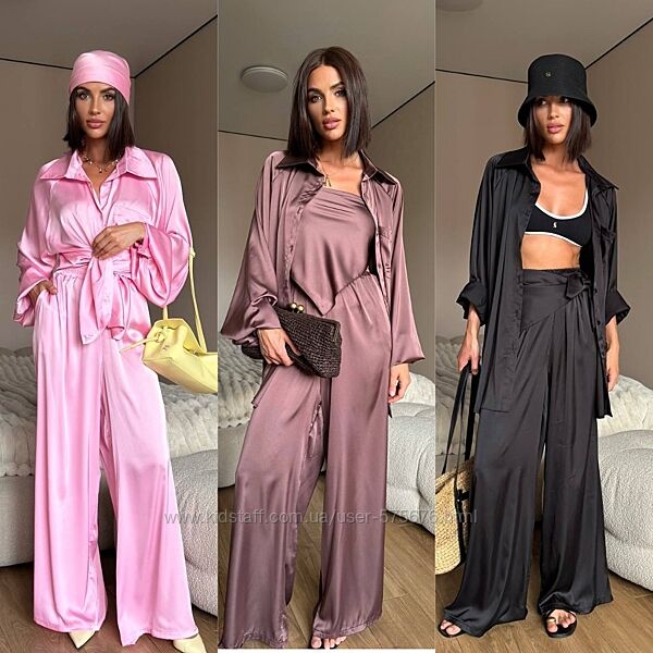 42-44, 46-48 Шовковий костюм трійка в стилі oversize штани, сорочка, хустин