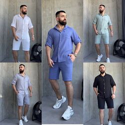M L XL XXL Літній  чоловічий костюм з шортами натуральний муслін