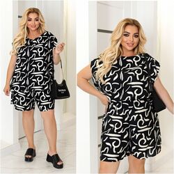 р.50 до 64р. Костюм оверсайз із цікавими принтами льон бохо