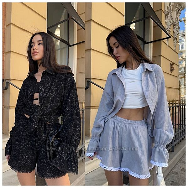 42-44, 46-48 костюм двійка сорочка та шорти муслін з блискітками