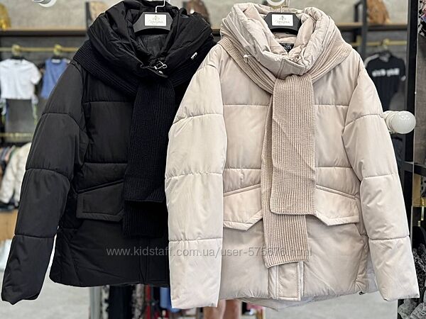 M, L, XL, XXL Короткий пуховик із шарфом плащівка халофайбер