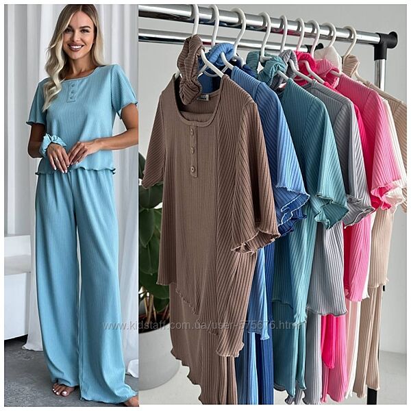 42-44, 46-48, 50-52 костюм трійка топ, штани, резинка трикотаж рубчик