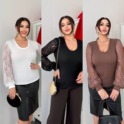 р.48 до 58р. Стильний лонгслів, рубчик мустанг, рукава з гіпюру