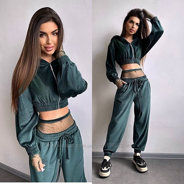 Велюровий комплект декорований стразами бомбер рукавички штани трусики