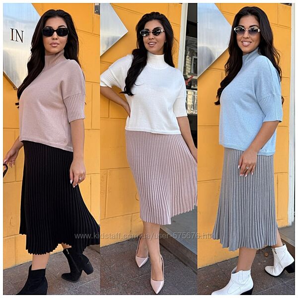 S-L, XL-2XL Костюм плісирована спідниця з мяким светром вязаний трикотаж