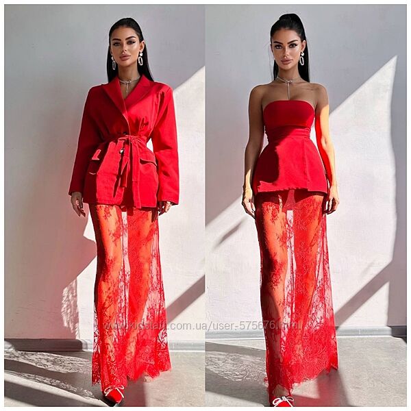 S/M/L Комплект піджак блуза з баской та мереживна спідниця шорти