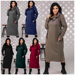р.44 до 66р. Сукня приталена тепла тринитка з начосом, з капюшоном