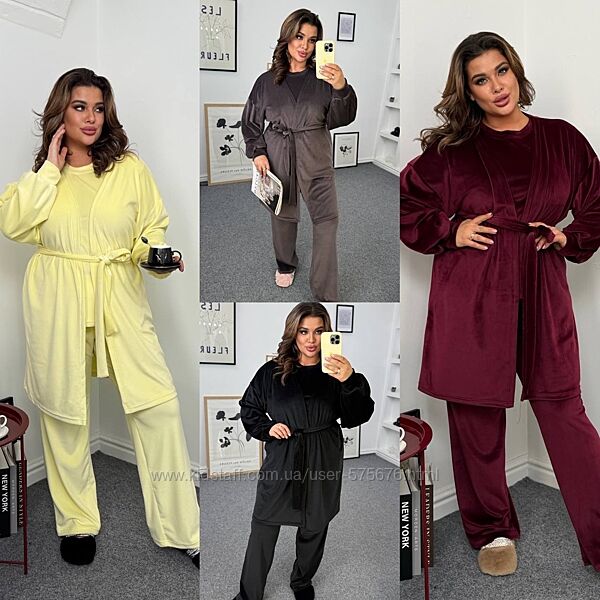 р.48 до 58р. Велюровий костюм трійка футболка, штани, халат