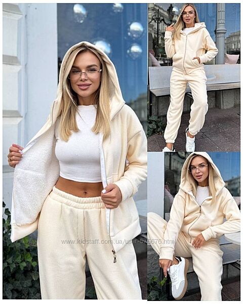 42-44, 46-48 Костюм жіночий джогери та худі вельвет на хутрі
