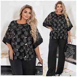 р.46 до 68р. Нарядний костюм трійка шовк та розкішне мережива з блиском