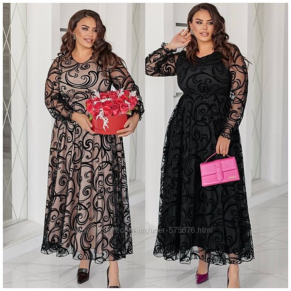 р.50 до 64р. Сукня сітка флок з трикотажною підкладкою