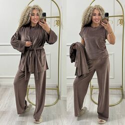 р.42 до 56р. Костюм трійка велюр халат, брюки, кофта