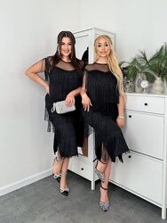 р.42 до 54р. Святкова сукня креп дайвінг, сітка та бахрома