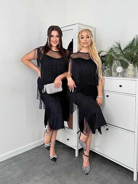 р.42 до 54р. Святкова сукня креп дайвінг, сітка та бахрома