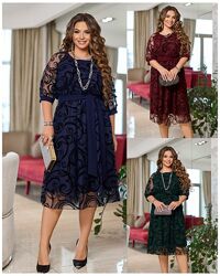 р.50 до 60р. Святкова сукня креп дайвінг, флок на сітці