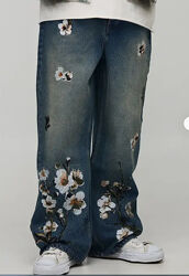 boohooMAN Wide Leg Floral Embroidered Jeans
