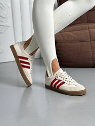 Кеди, натуральна шкіра, молочні з червоними смужками