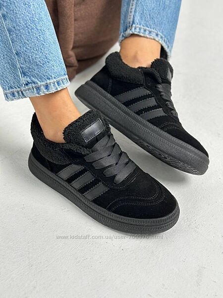 Кеди на хутрі, натуральна замша/шкіра, чорні