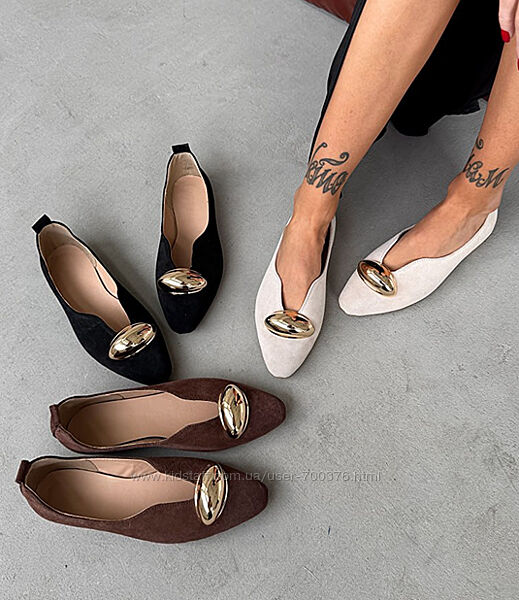 Елегантні балетки, натуральна замша, молочний шоколад/чорні/беж