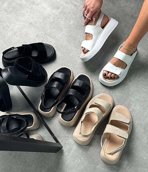 Босоніжки на липучці, натуральна шкіра/замша, беж/чорні/білі