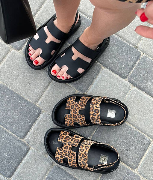 Босоніжки, натуральна шкіра/замша, чорні/леопардові