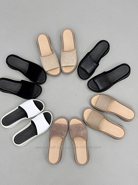 Шльопанці на високій підошві, натуральна шкіра/замша, чорні/білі/беж