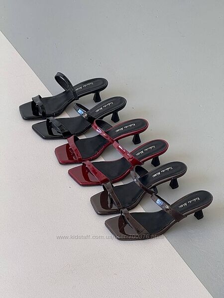 Мюлі на підборі, натуральна шкіра наплак, бордо/шоколад/чорні