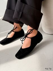 Анатомічні балетки на завязках Ristori, натуральна замша, чорні