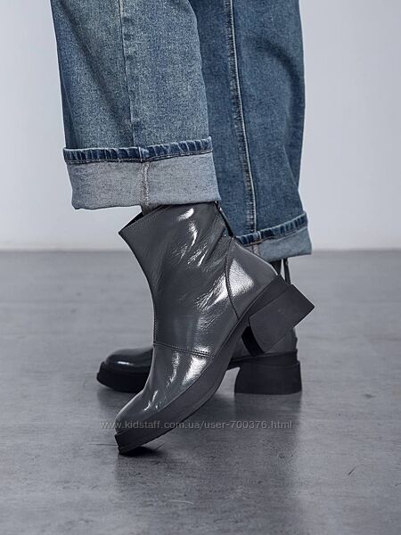 Черевики, натуральна лакова шкіра, сірі, демі/зима