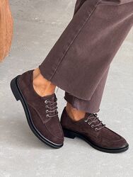 Туфлі на шнурівці, натуральна замша, шоколад