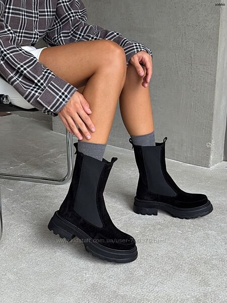 Черевики Челсі, натуральна замша, чорні, демі/зима